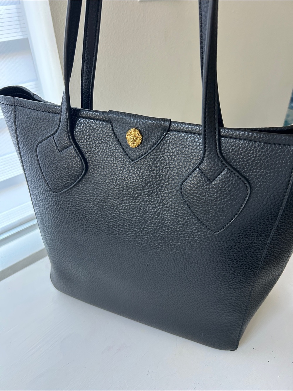 Anne Klein Black Leather Tote Bag with Gold Accent Anne Klein accents